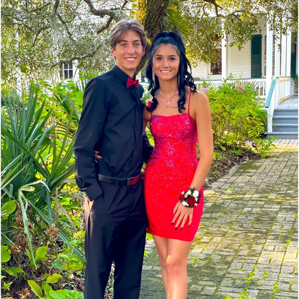 Sherri Hill size 0 Red iridescent with rhinestone, 100% polyester